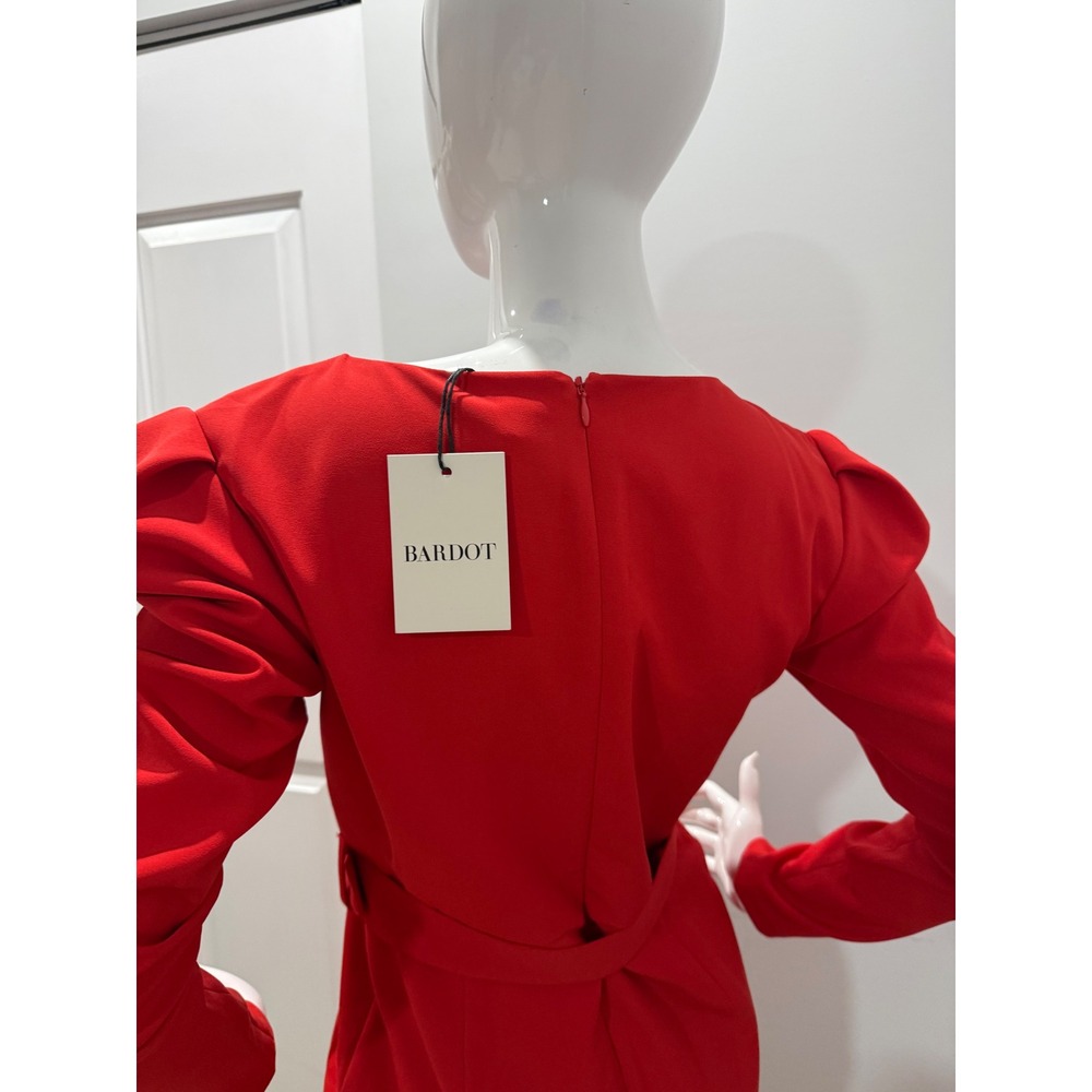 Bardot Red Deep V Neck Puff Sleeve Belted Mini Dress Women's US 6/S NWT - Picture 9 of 12